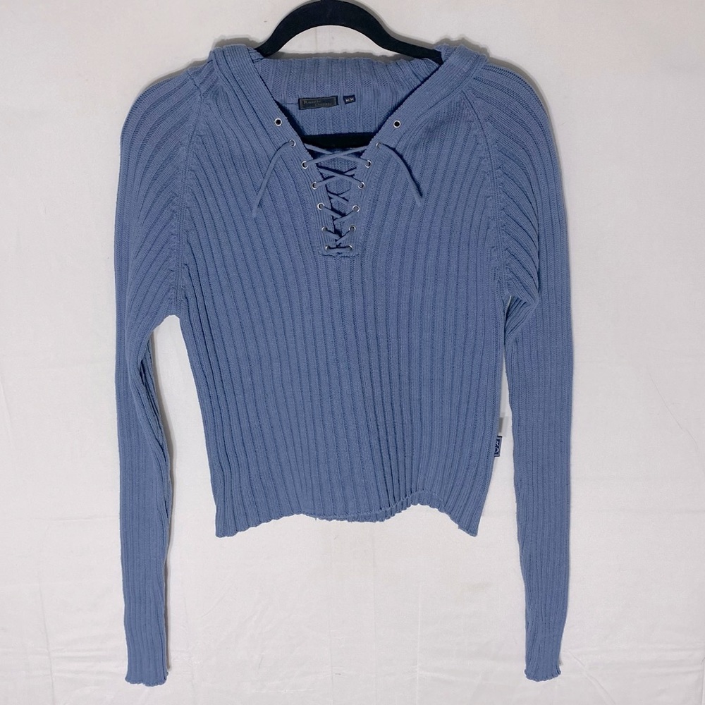 Vintage Y2K Razzle Dazzle Blue Cotton Ribbed Knit Lace Up Sweater W Hood M